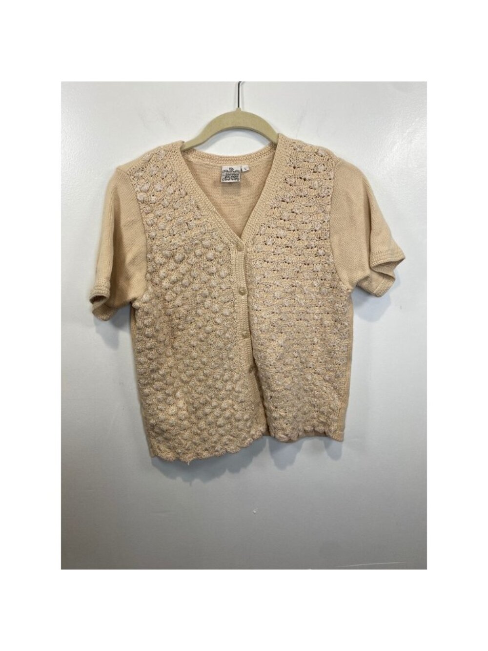 Parsley & Sage Knit Cardigan Top Crochet Button Front Short Sleeve Beige Boho L